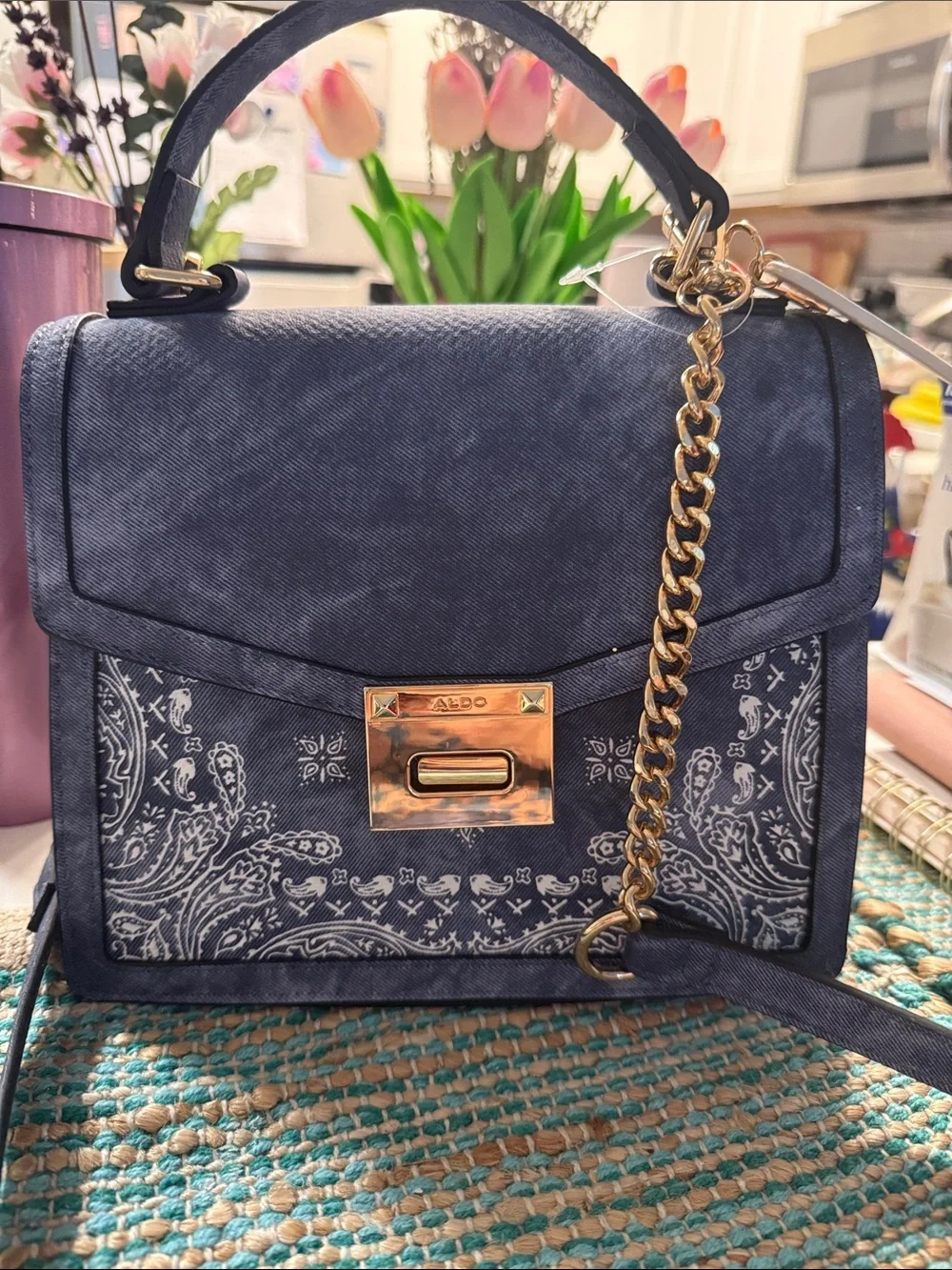 🌷NEW🌷ALDO Navy Bandana-Print Top-Handle Satchel with Gold Chain